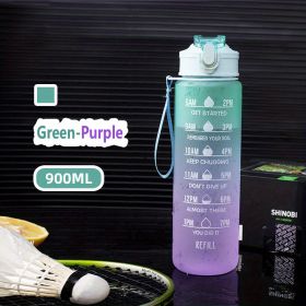 32oz/900mL Motivational Water Bottle With Straw & Time Marker; Daily Water Intake Bottle With Carrying Strap For Fitness Gym School Mountain Climbing (Color: Green-Purple)