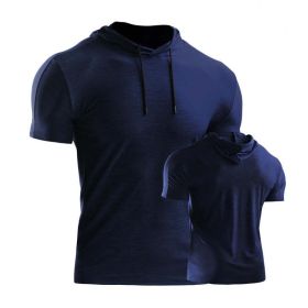 Male Training Shirts Quick Drying Gym Clothing Musculation Sportswear Fitness Running Jackets Rashguards Hoodies ropa deportiva (Color: Navy blue 2, size: XL)