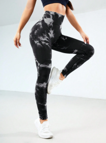 2024  New high-quality high-elastic tie-dye sports fitness trousers women's jacquard yoga trousers high-waisted peach buttocks trousers seamless outer (Color: Black and white, size: L)