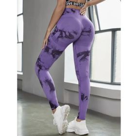 2024  New high-quality high-elastic tie-dye sports fitness trousers women's jacquard yoga trousers high-waisted peach buttocks trousers seamless outer (Color: Purple, size: M)