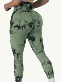 2024  New high-quality high-elastic tie-dye sports fitness trousers women's jacquard yoga trousers high-waisted peach buttocks trousers seamless outer (Color: Olive green, size: M)