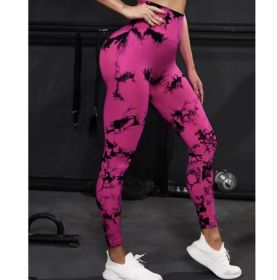 2024  New high-quality high-elastic tie-dye sports fitness trousers women's jacquard yoga trousers high-waisted peach buttocks trousers seamless outer (Color: Rose red and black, size: S)