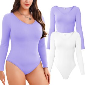 Women Long Sleeve Bodysuits 2 Pack, V Neck Sexy Tops with Ribbed Seamless Design (Color: White+LightPurple, size: M)