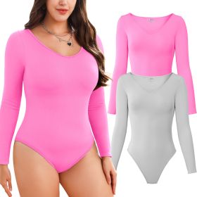 Women Long Sleeve Bodysuits 2 Pack, V Neck Sexy Tops with Ribbed Seamless Design (Color: LightGrey+Pin, size: L)