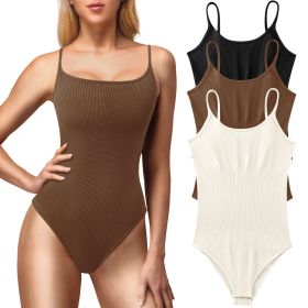 3 PACK Sleeveless Bodysuit for Women Adjustable Spaghetti Strap Jumpsuits (Color: Black+Coffee+Beige, size: S)