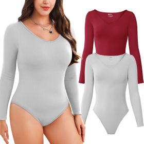 Women Long Sleeve Bodysuits 2 Pack, V Neck Sexy Tops with Ribbed Seamless Design (Color: LightGrey+WineRed, size: S)