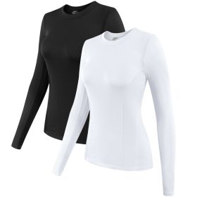 2 Pack Womens Long Sleeve Tops, Crew Neck Stretch Fitted Base Layer Tee Shirts Tops (Color: Black+White, size: S)