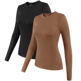 2 Pack Womens Long Sleeve Tops, Crew Neck Stretch Fitted Base Layer Tee Shirts Tops (Color: Black+Coffee, size: M)