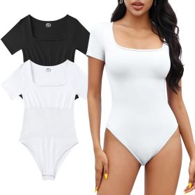 2 Piece Short Sleeve Bodysuits for Women Sexy Ribbed Square Neck Top (Color: Black+White, size: S)