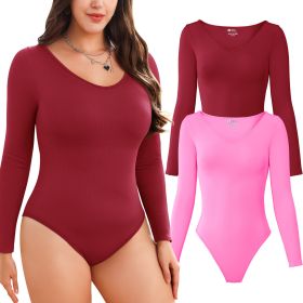 Women Long Sleeve Bodysuits 2 Pack, V Neck Sexy Tops with Ribbed Seamless Design (Color: WineRed+Pink, size: S)