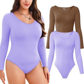 Women Long Sleeve Bodysuits 2 Pack, V Neck Sexy Tops with Ribbed Seamless Design (Color: Coffee+LightPurple, size: M)