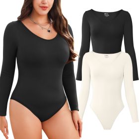 Women Long Sleeve Bodysuits 2 Pack, V Neck Sexy Tops with Ribbed Seamless Design (Color: Black+Beige, size: M)