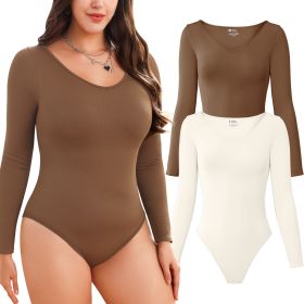 Women Long Sleeve Bodysuits 2 Pack, V Neck Sexy Tops with Ribbed Seamless Design (Color: Coffee+Beige, size: S)