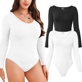 Women Long Sleeve Bodysuits 2 Pack, V Neck Sexy Tops with Ribbed Seamless Design (Color: Black+White, size: M)