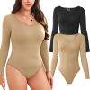 Women Long Sleeve Bodysuits 2 Pack, V Neck Sexy Tops with Ribbed Seamless Design