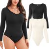 Women Long Sleeve Bodysuits 2 Pack, V Neck Sexy Tops with Ribbed Seamless Design